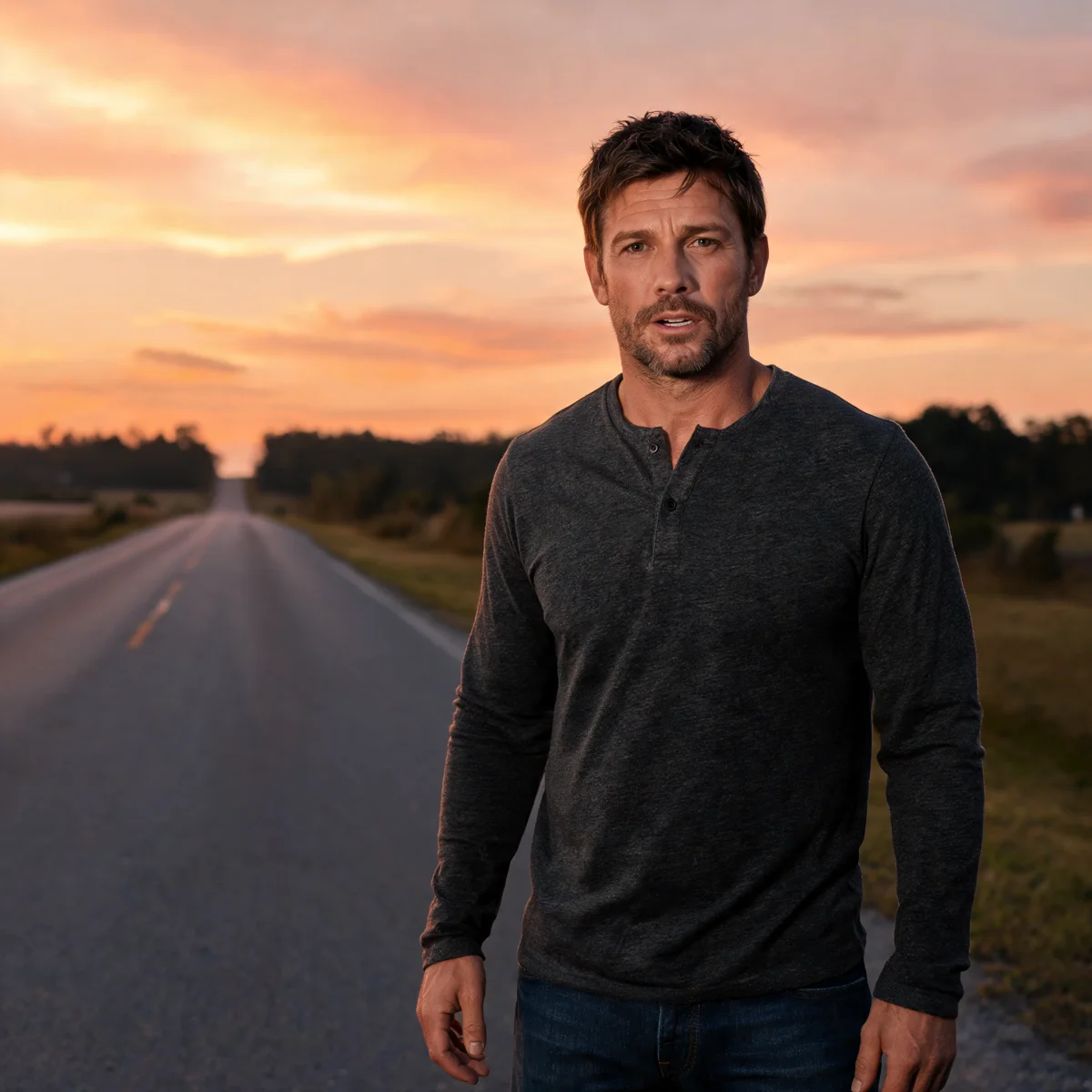 Caleb Vann on an open road at sunset