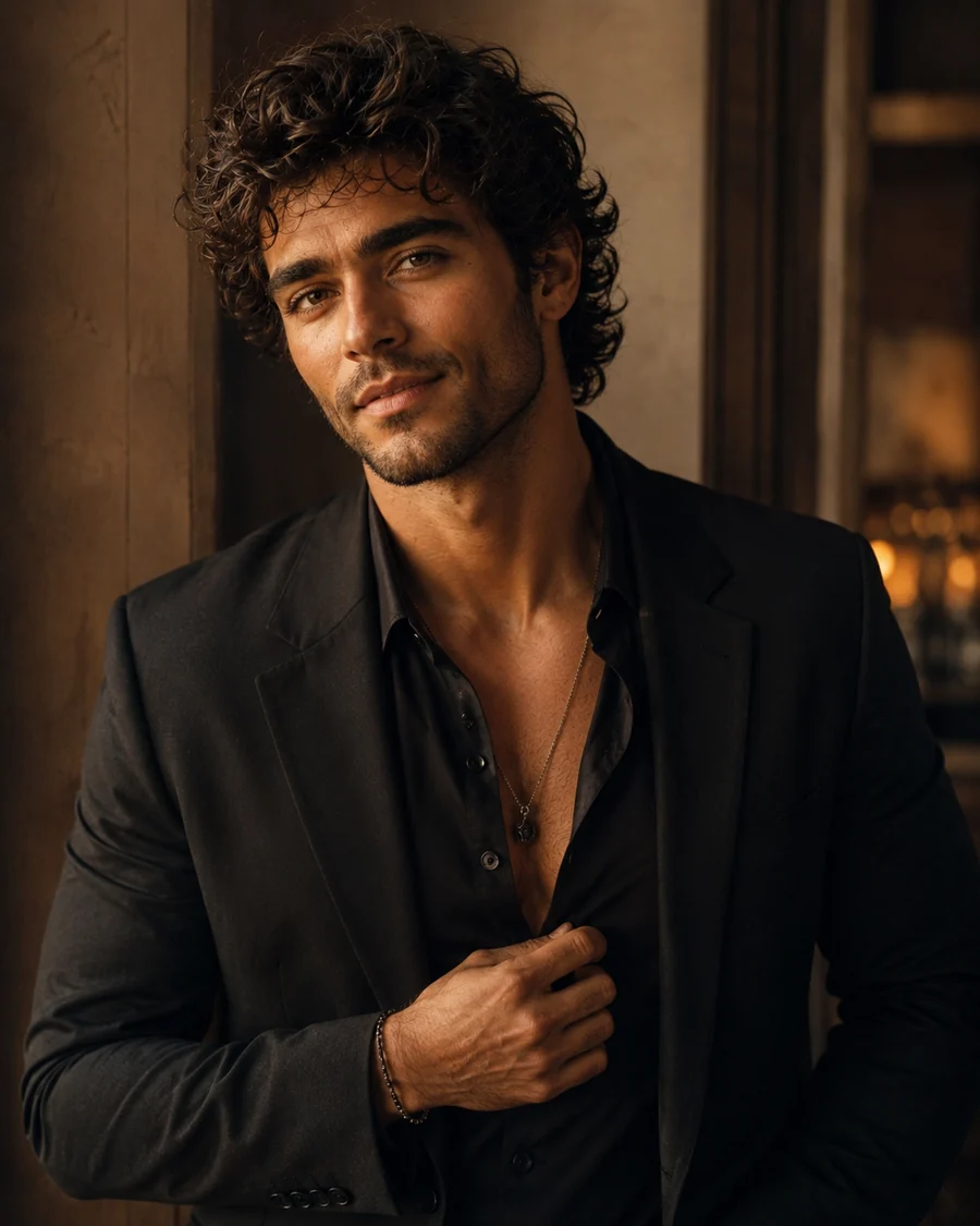 MARCO CARVAJAL in a black jacket, lit by warm evening light