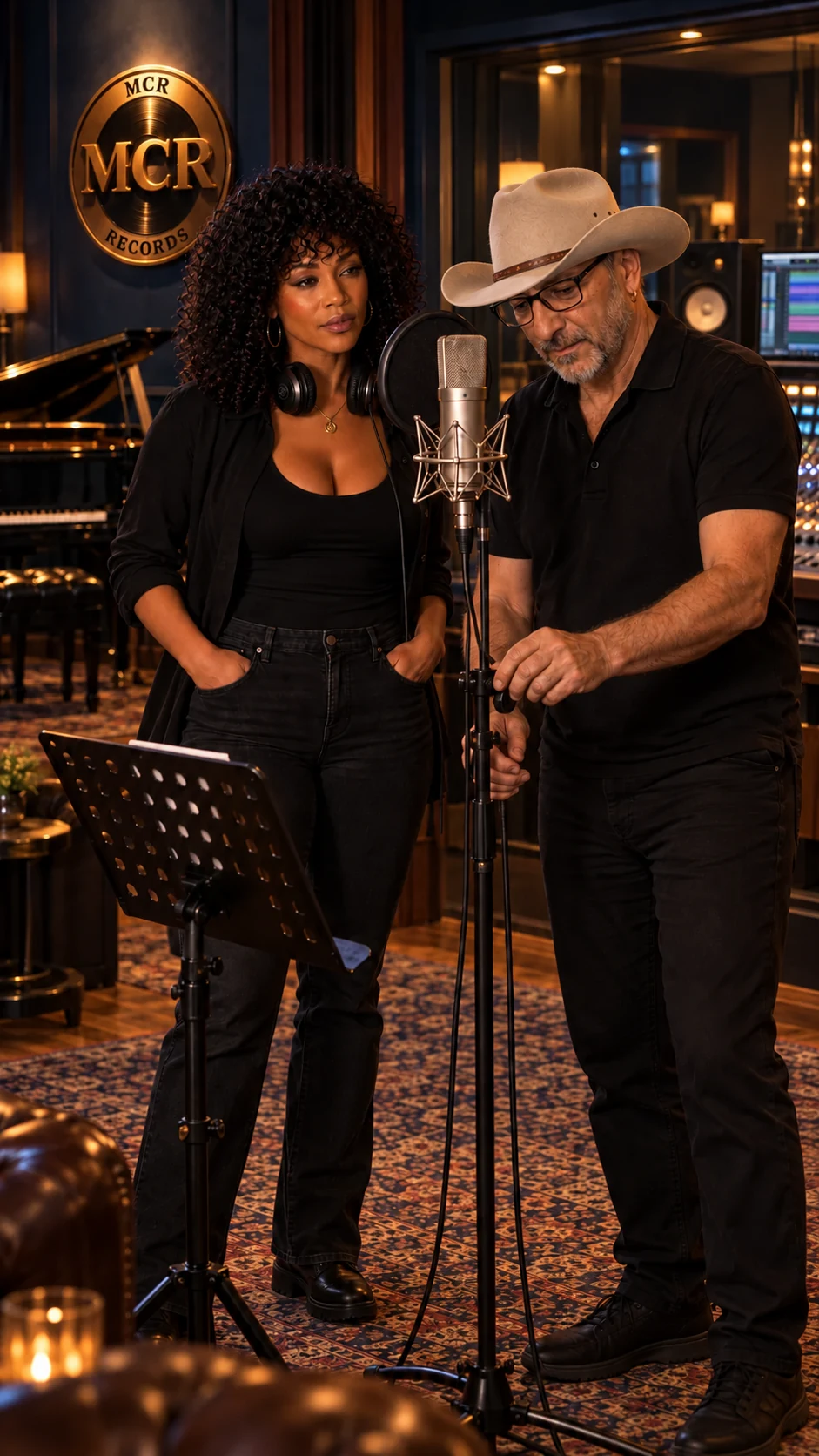 Mavis Gray and producer Michael working together at the studio microphone