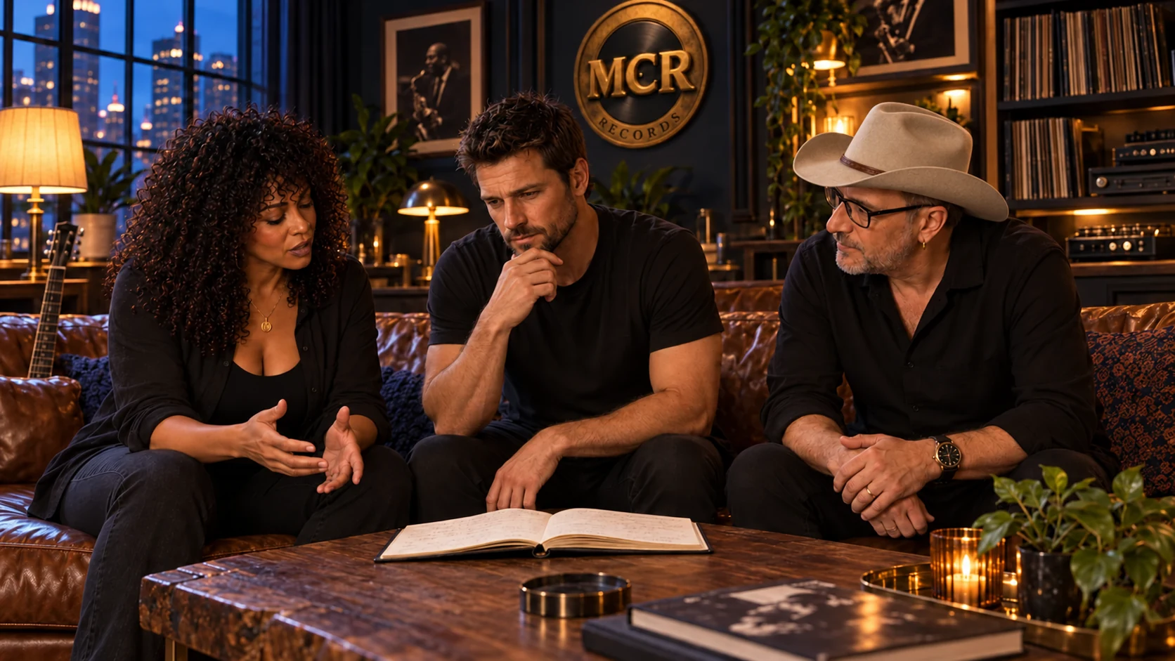 Mavis Gray, Caleb Vann and producer Michael together on the leather couch in the MCR lounge